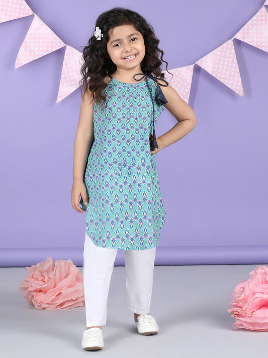 Blue Floral halter style Kurti with white pant