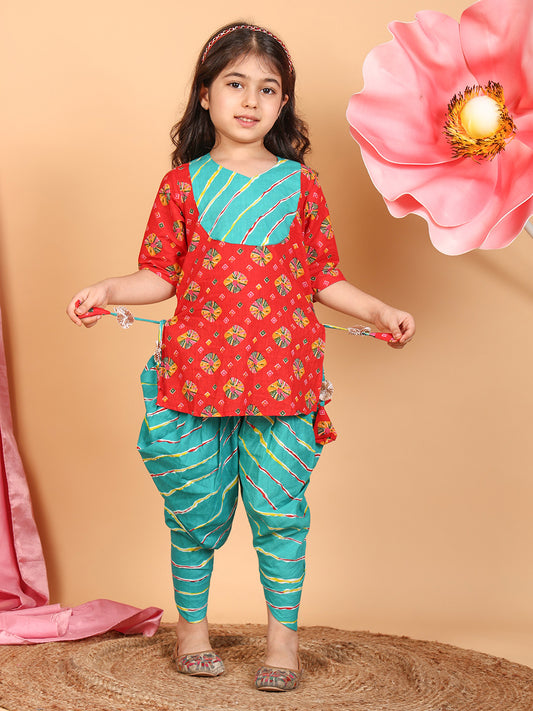 Red Printed Cotton 3/4 sleeves Kurti with Blue lehriya dhoti