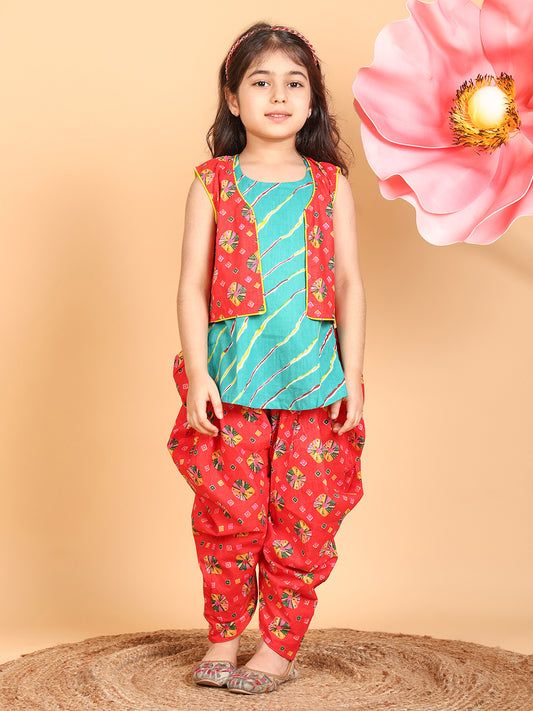 Blue Lehriya Kurti with red printed dhoti and Jacket