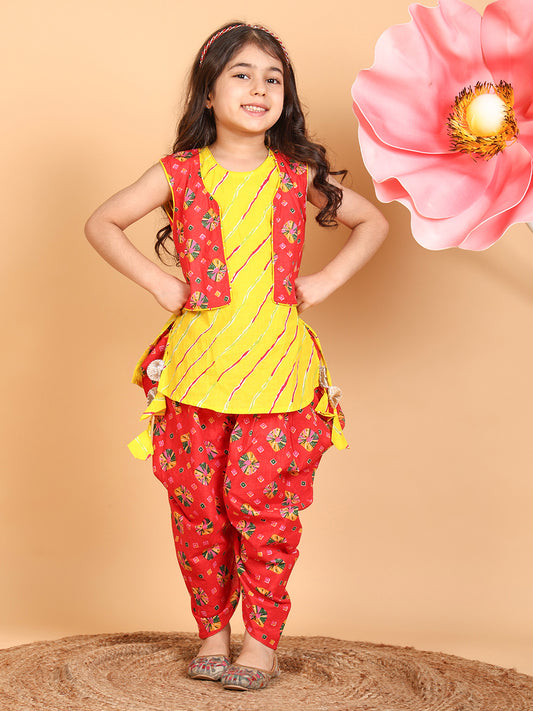 Yellow Lehriya Kurti with red printed dhoti and Jacket