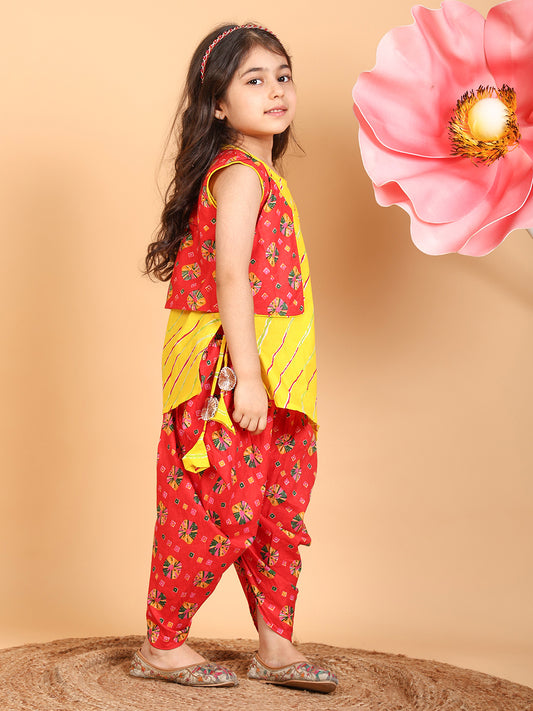 Yellow Lehriya Kurti with red printed dhoti and Jacket