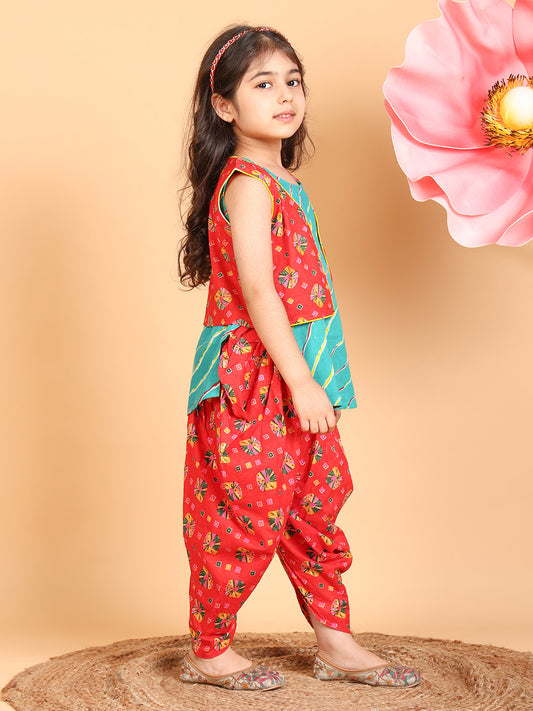 Blue Lehriya Kurti with red printed dhoti and Jacket