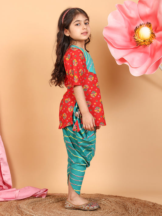 Red Printed Cotton 3/4 sleeves Kurti with Blue lehriya dhoti