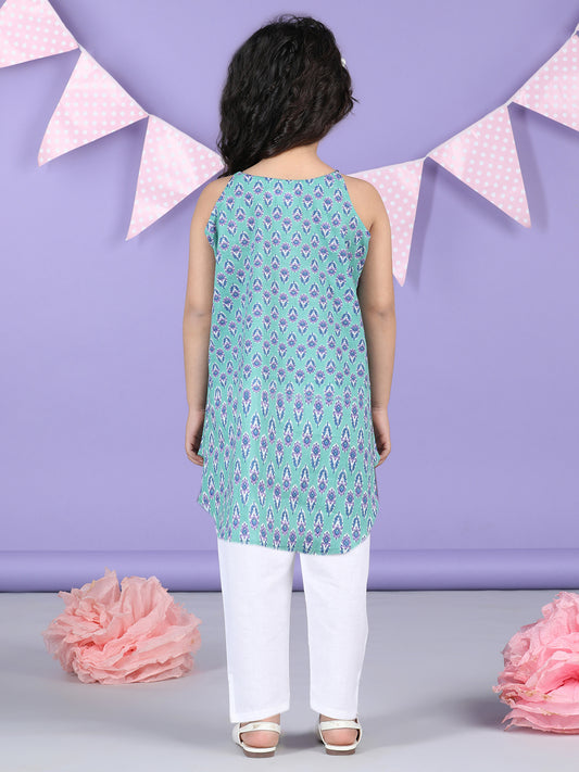 Blue Floral halter style Kurti with white pant