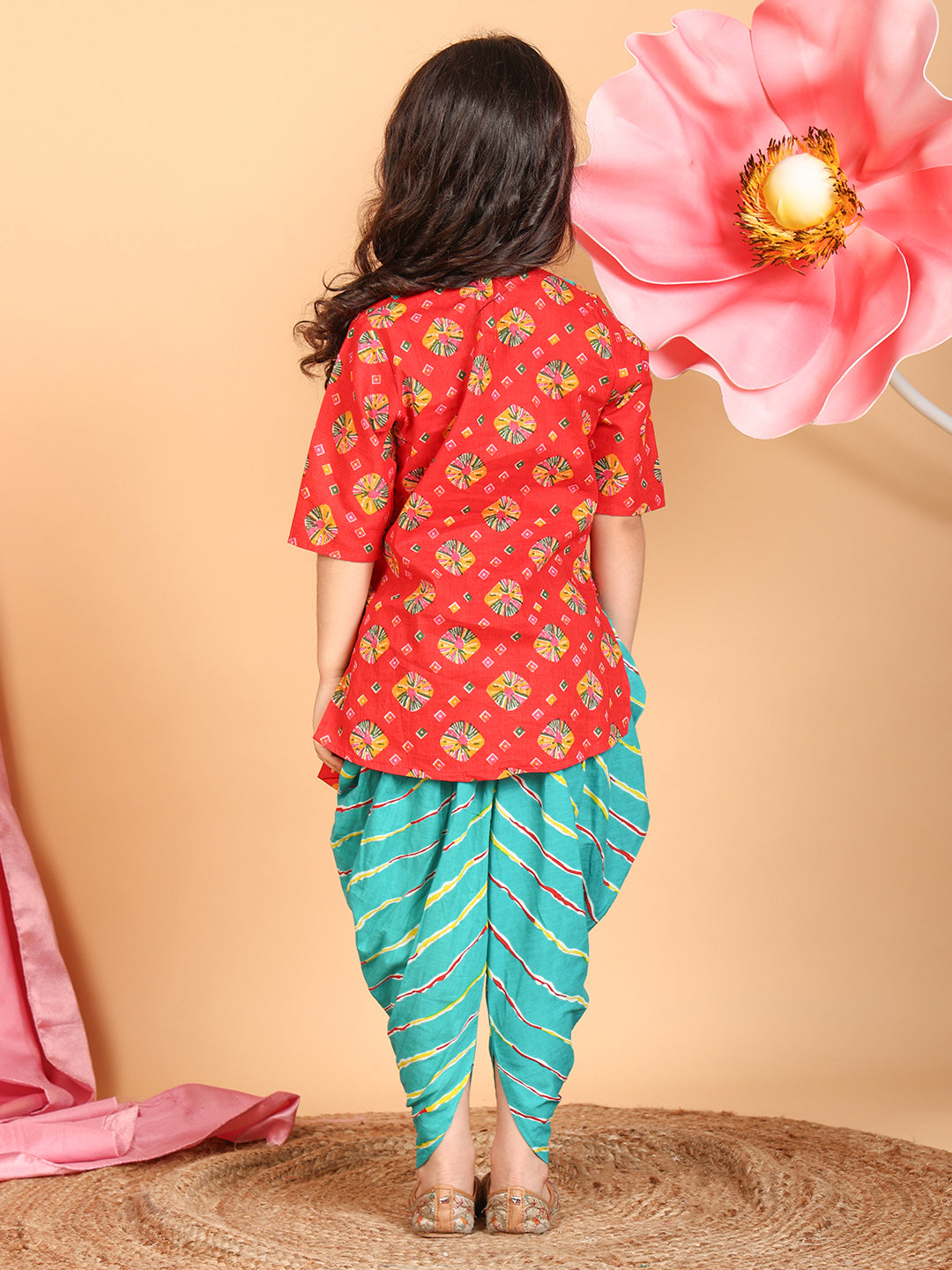 Red Printed Cotton 3/4 sleeves Kurti with Blue lehriya dhoti