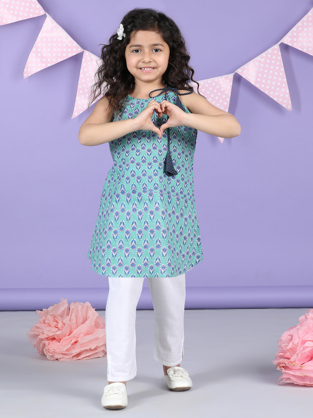 Blue Floral halter style Kurti with white pant