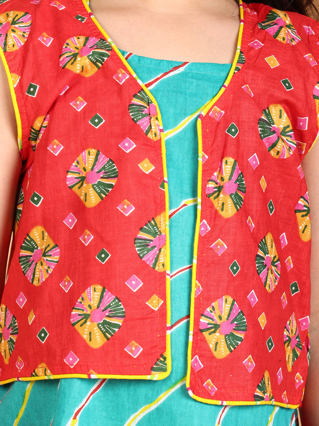 Blue Lehriya Kurti with red printed dhoti and Jacket