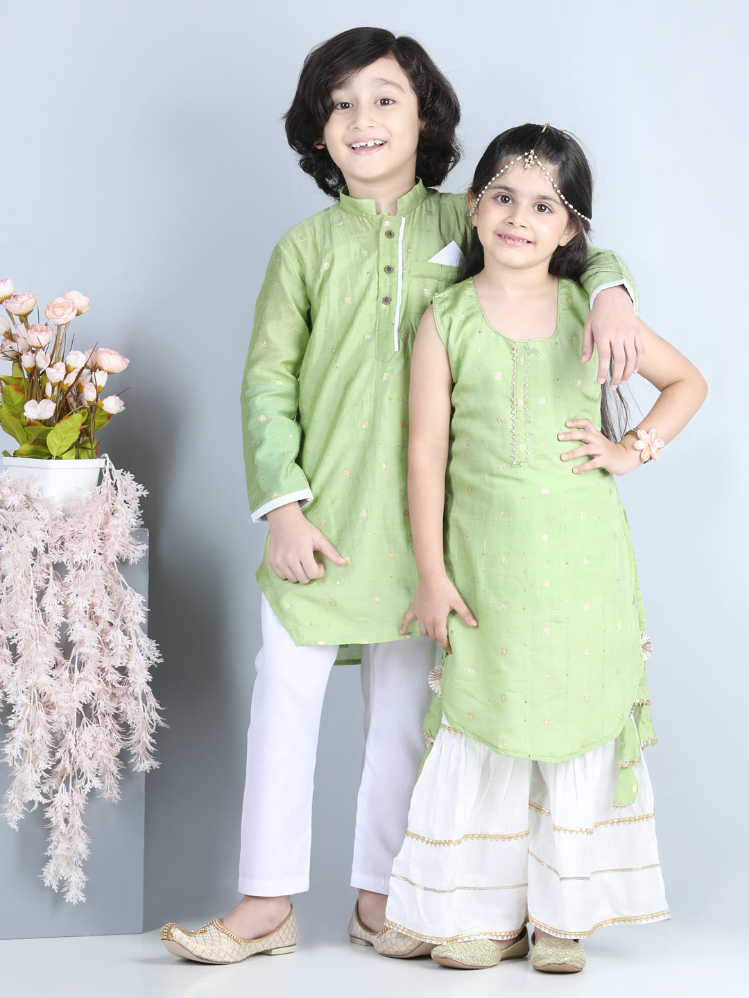 Green Foil Printed Tassel Ornamentation Detail High Low Style Kurti With Sharara