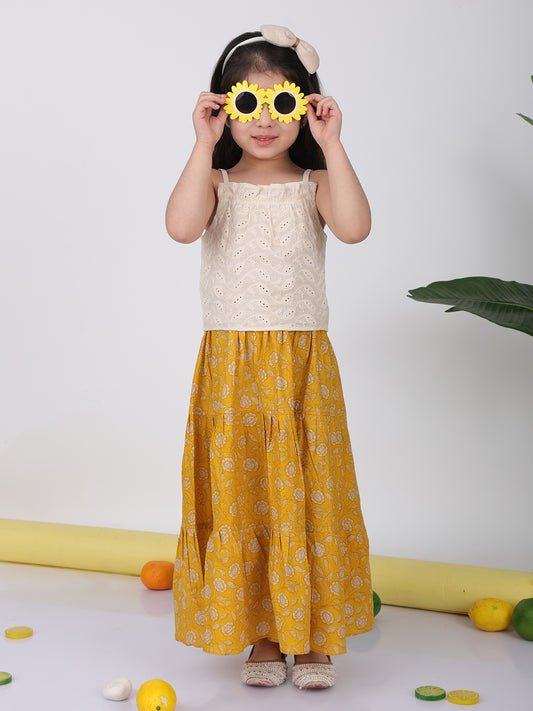 Yellow Floral printed Lehenga with white hakoba top