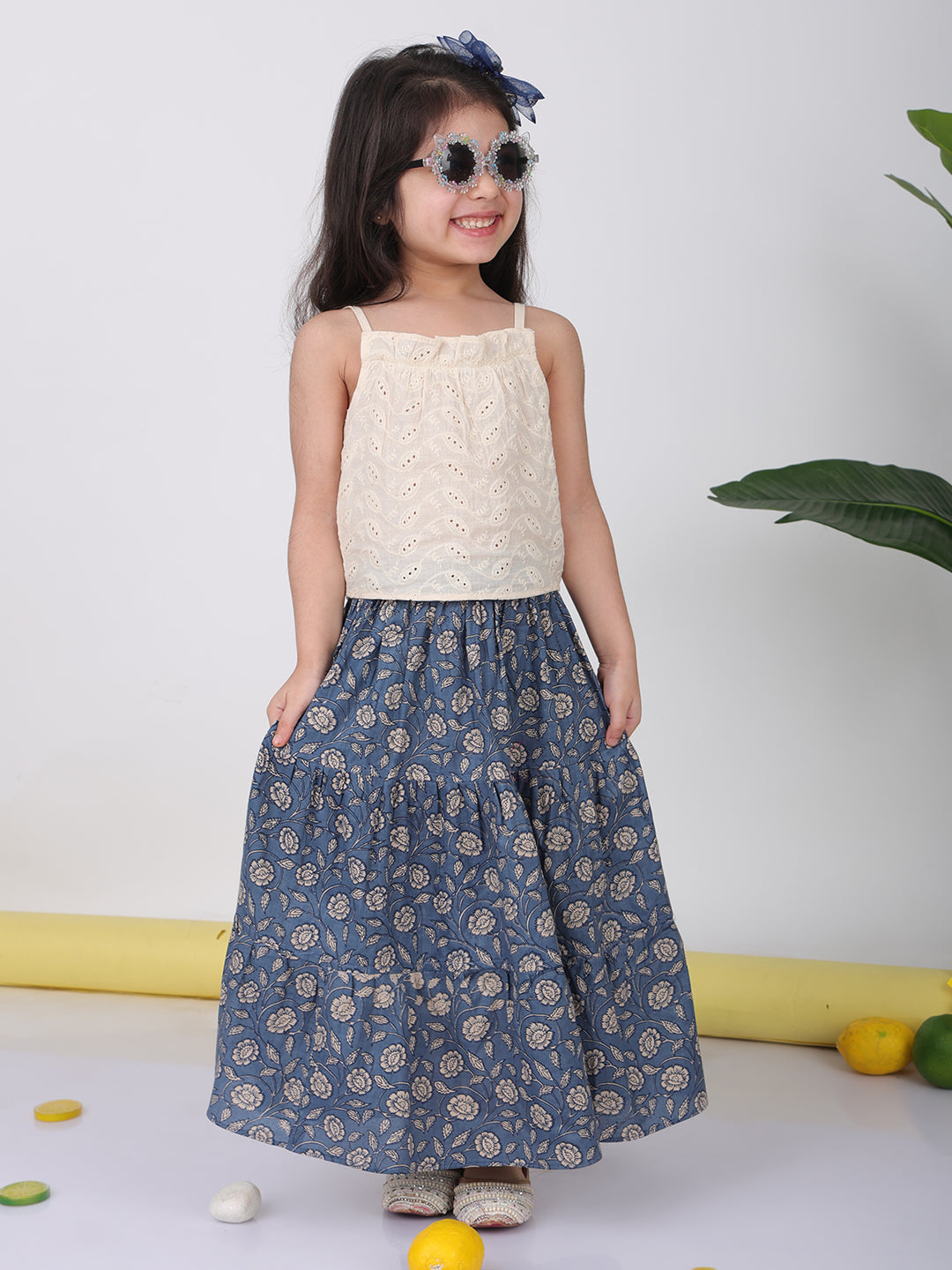Blue Floral printed Lehenga with white hakoba top