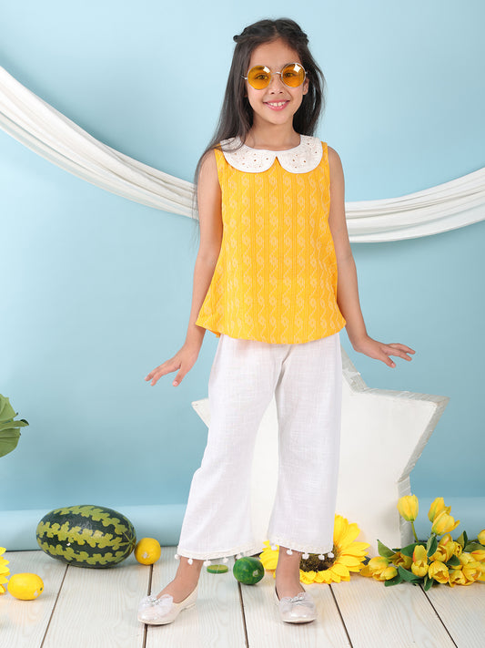 Yellow sleeveless katha Top with white pant