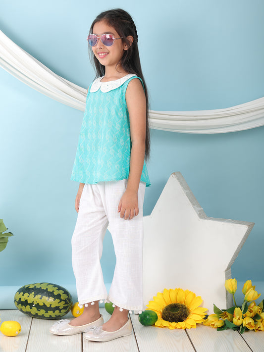 Green sleeveless katha Top with white pant