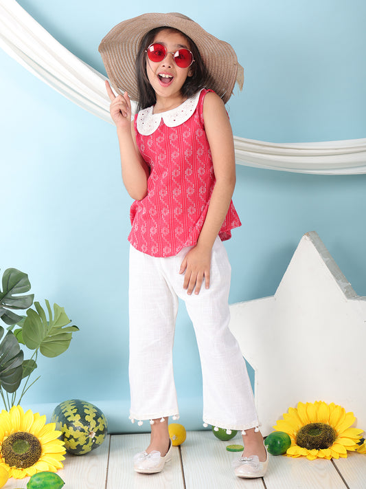 Red sleeveless katha Top with white pant