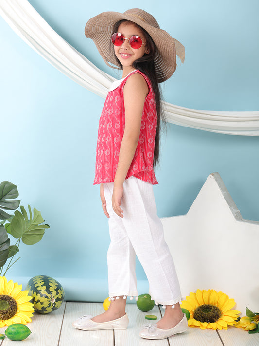 Red sleeveless katha Top with white pant