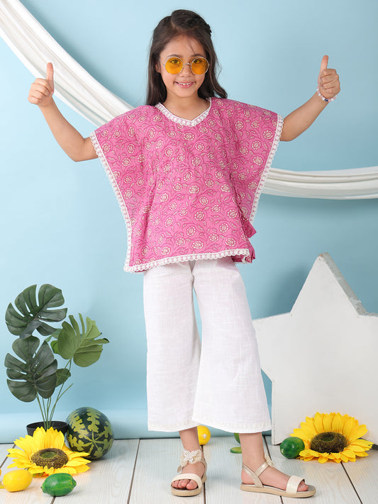 Pink Floral Printed Kaftan paired with white cotton pant