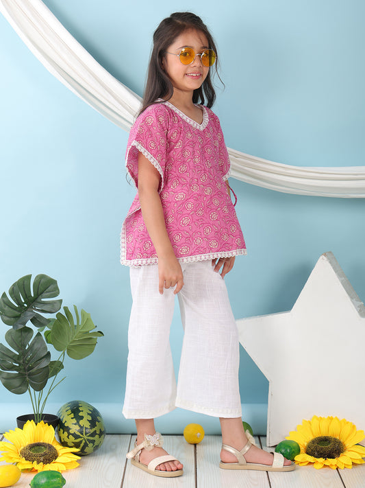 Pink Floral Printed Kaftan paired with white cotton pant