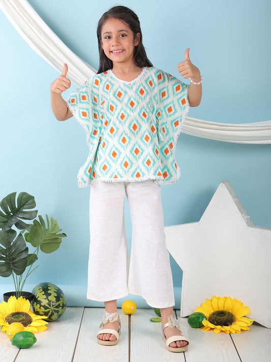 Blue checkered Printed Kaftan paired with white cotton pant