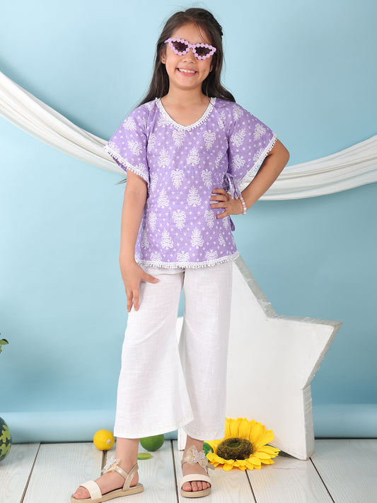 Purple Floral Printed Kaftan paired with white cotton pant