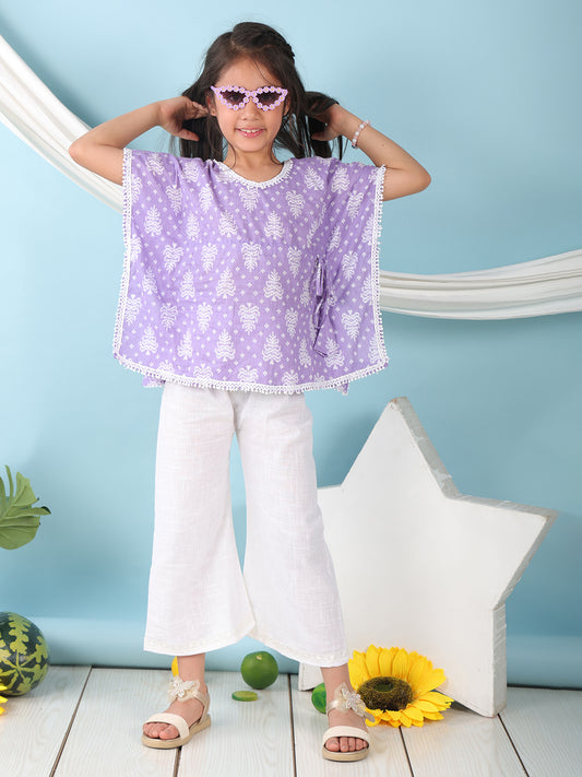 Purple Floral Printed Kaftan paired with white cotton pant