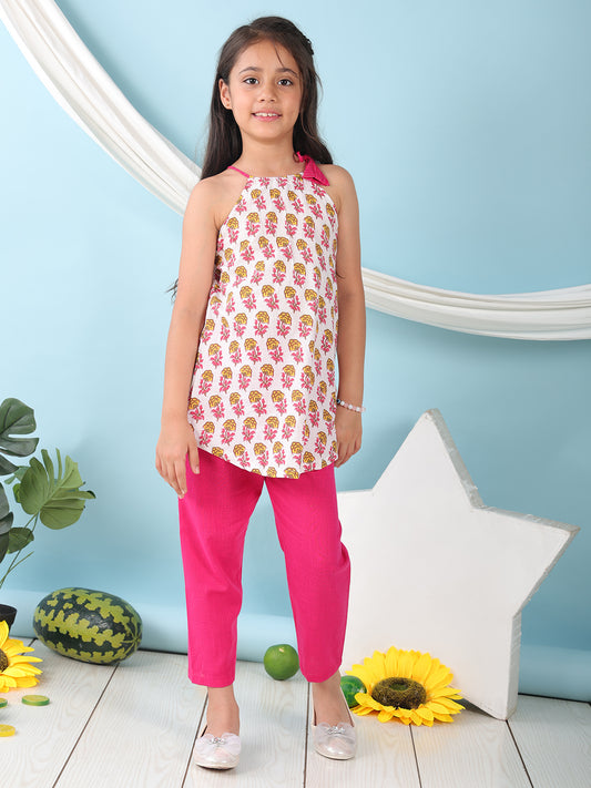 White floral sleeveless tie on Kurti with Pink Pant