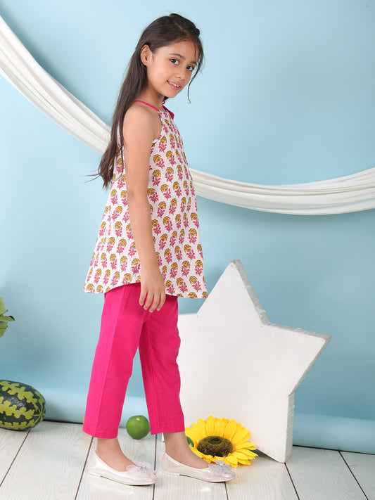 White floral sleeveless tie on Kurti with Pink Pant