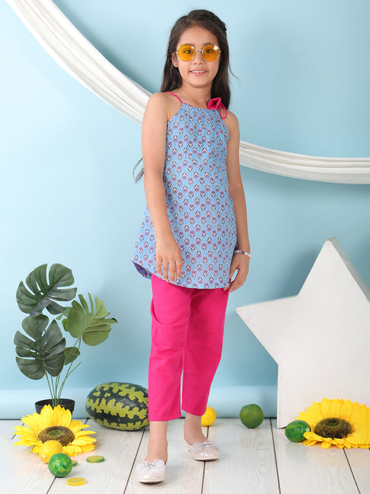 Blue floral sleeveless tie on Kurti with Pink Pant