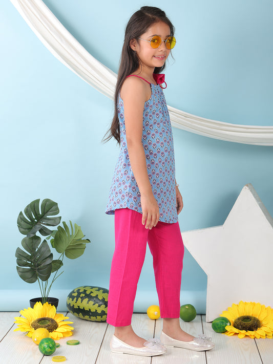 Blue floral sleeveless tie on Kurti with Pink Pant