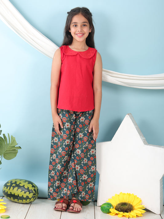Red collared sleeveless Top with Blue Printed Pant