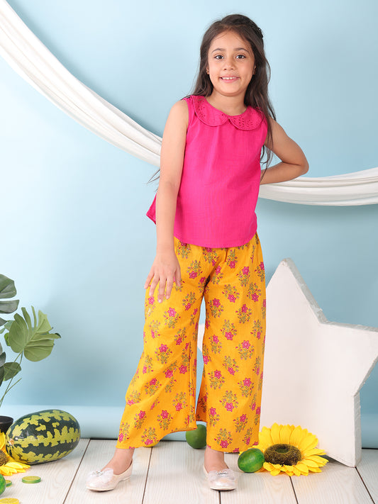 Pink collared sleeveless Top with Yellow Printed pant