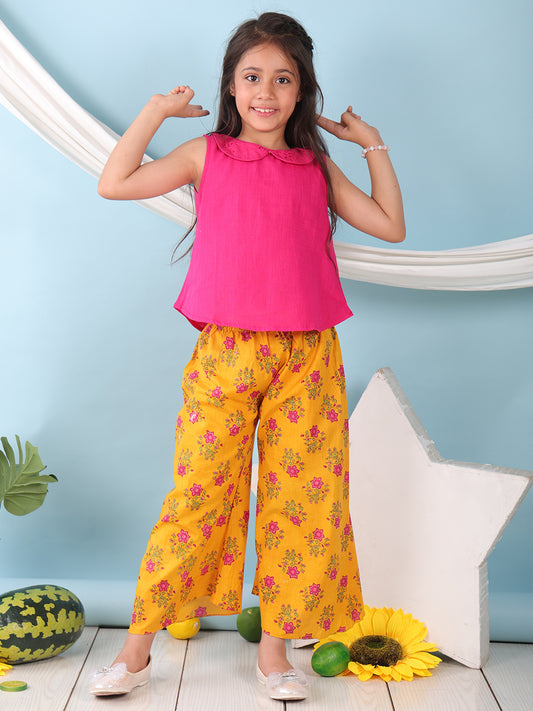 Pink collared sleeveless Top with Yellow Printed pant