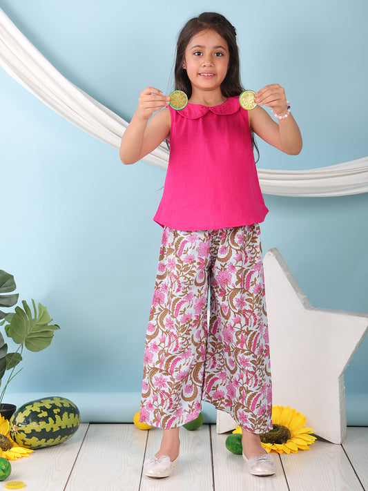 Pink collared sleeveless Top with Printed Pant