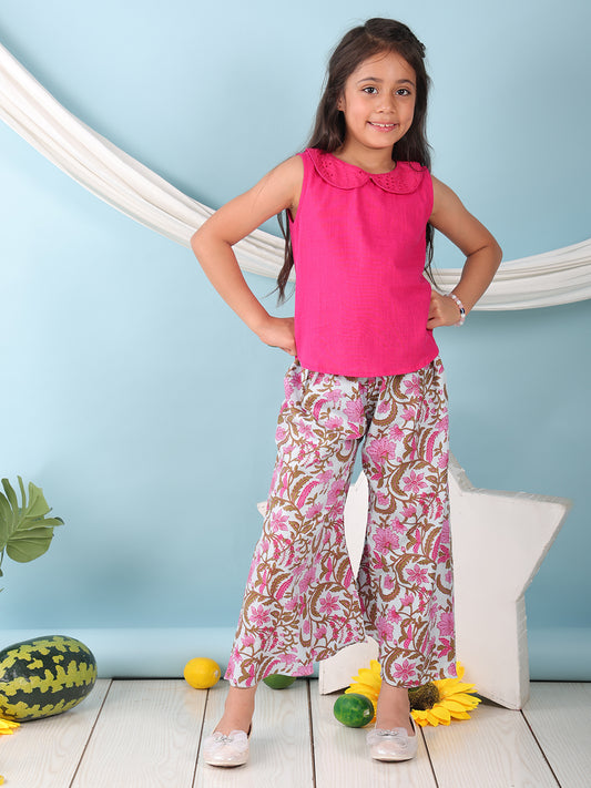Pink collared sleeveless Top with Printed Pant