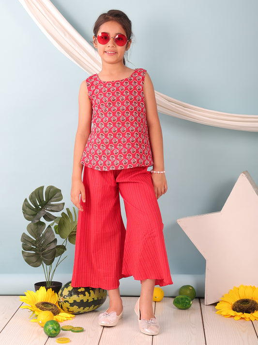 Red floral printed sleeveless Short Kurti with Red flair pant