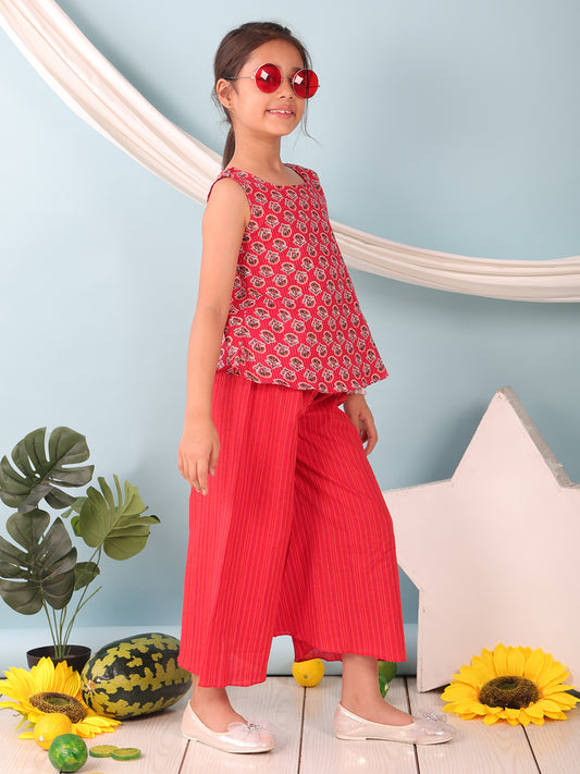 Red floral printed sleeveless Short Kurti with Red flair pant