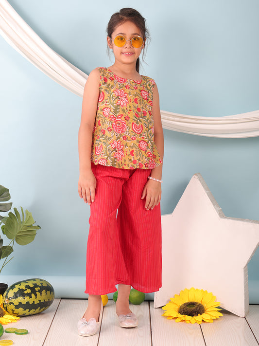 Green floral printed sleeveless Short Kurti with Red flair pant