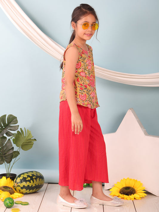 Green floral printed sleeveless Short Kurti with Red flair pant