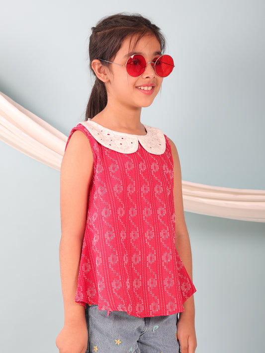 Red Katha Collared Top