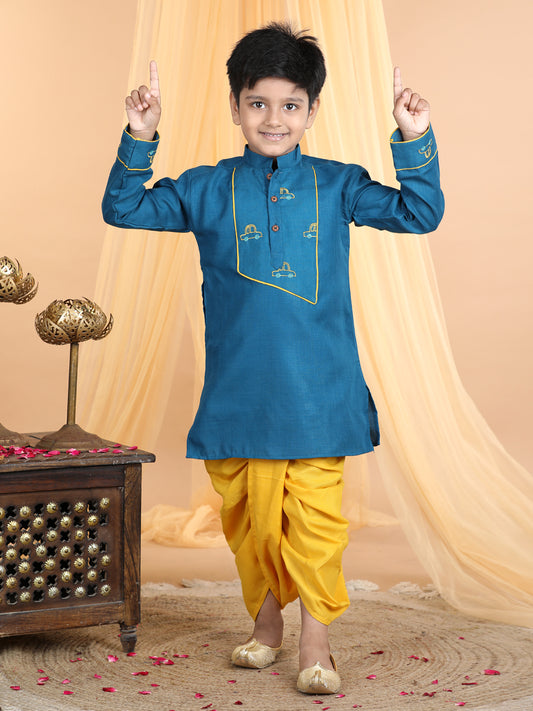 Light Blue car embroidered patch work kurta with yellow dhoti