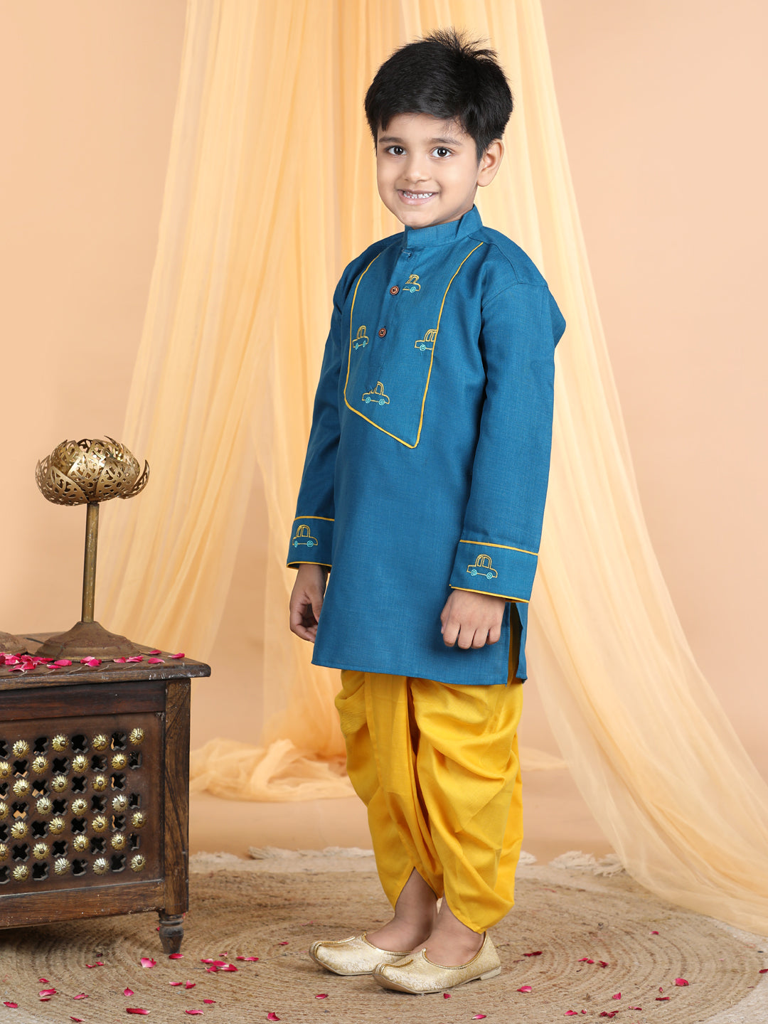 Light Blue car embroidered patch work kurta with yellow dhoti