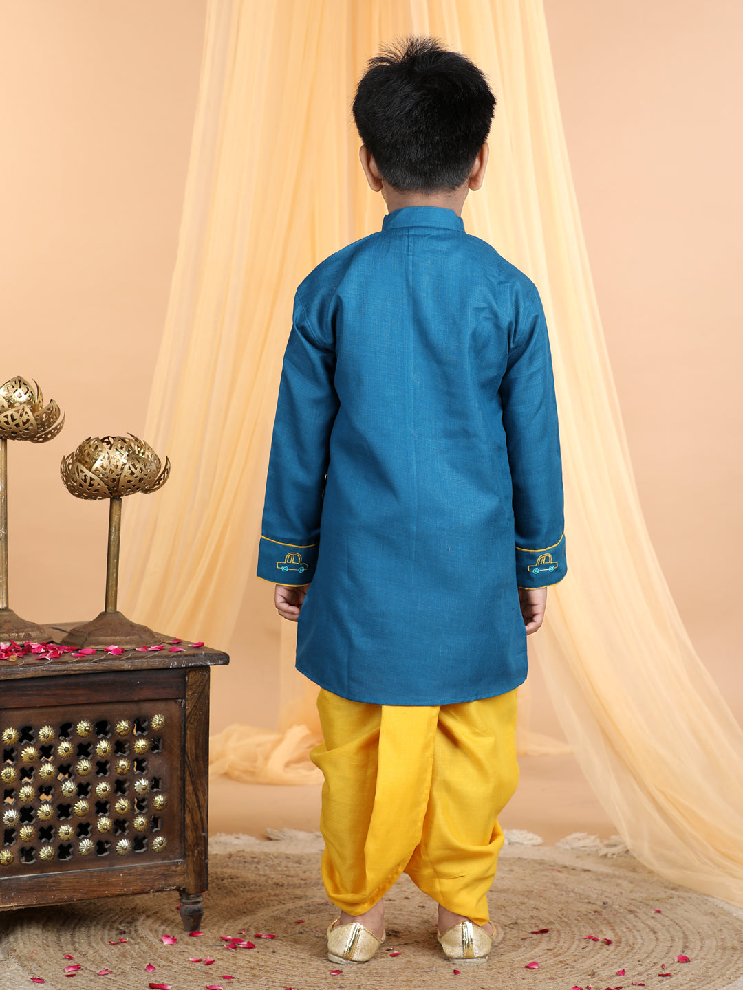 Light Blue car embroidered patch work kurta with yellow dhoti