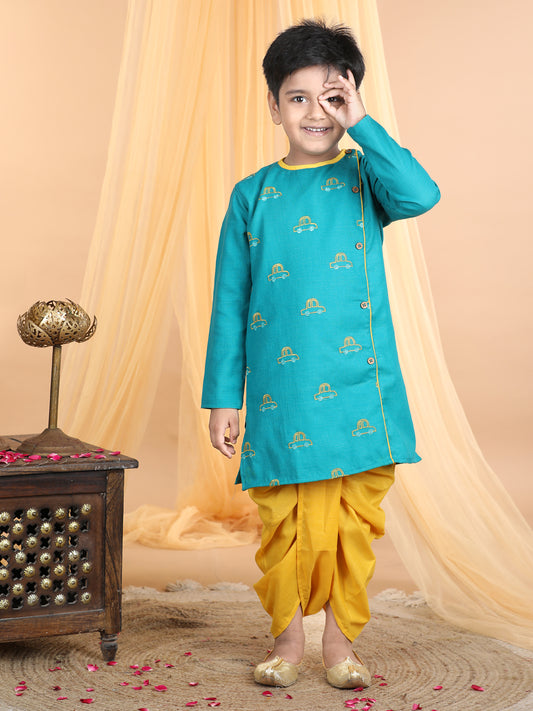 Green car embroidered side opening Kurta with yellow dhoti