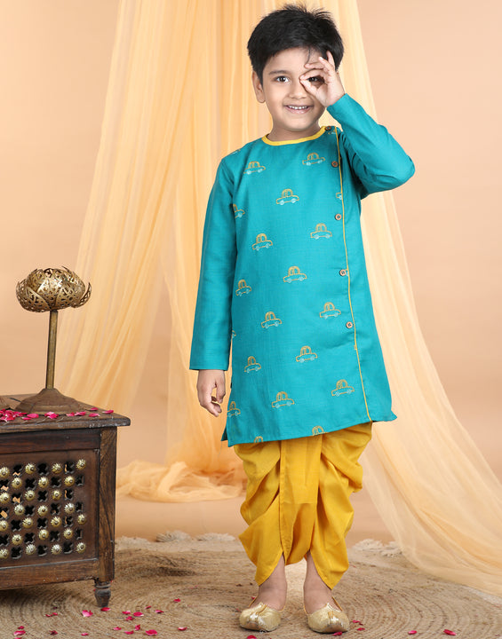 Green car embroidered side opening Kurta with yellow dhoti