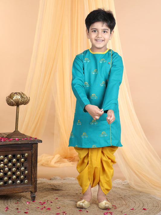 Green car embroidered side opening Kurta with yellow dhoti