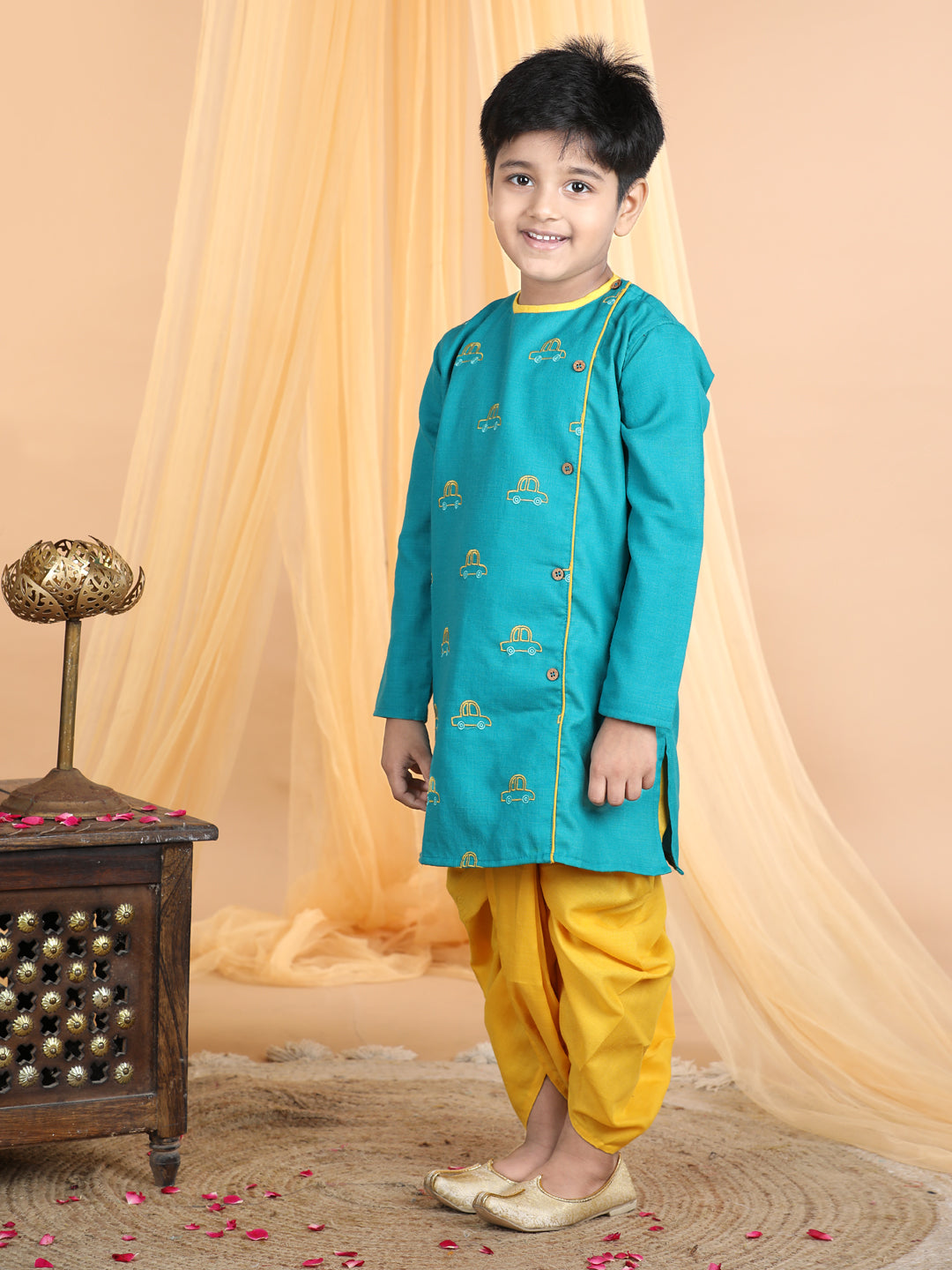 Green car embroidered side opening Kurta with yellow dhoti