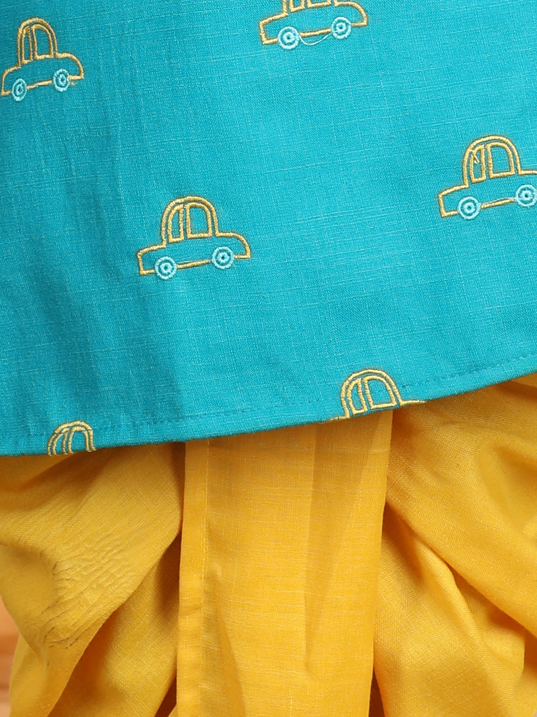 Green car embroidered side opening Kurta with yellow dhoti