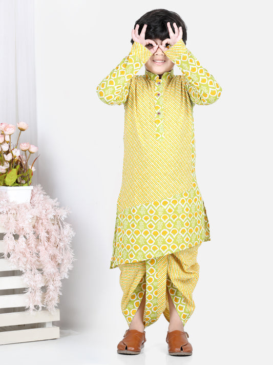Yellow Floral and Leheriya Kurta Dhoti