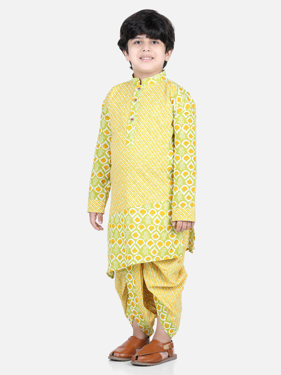 Yellow Floral and Leheriya Kurta Dhoti