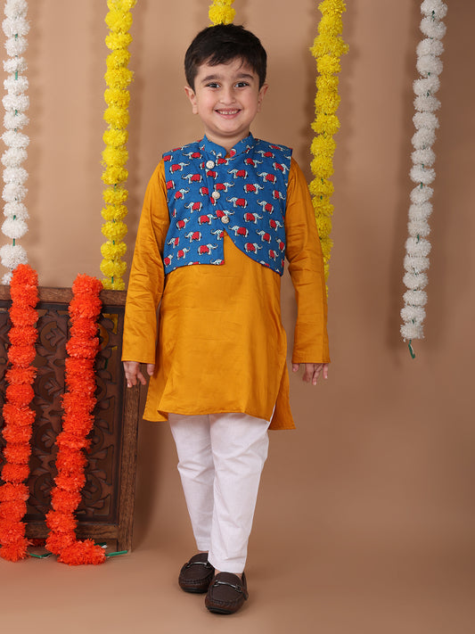 Yellow Plain Kurta with Blue printed elephant jacket and pajama