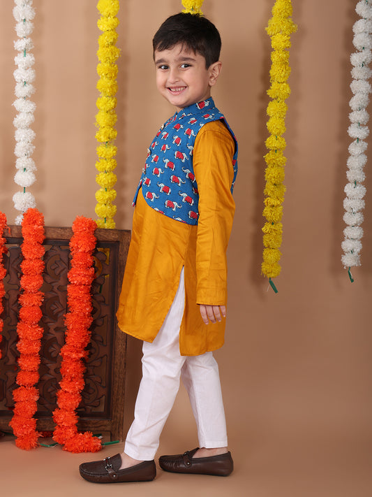 Yellow Plain Kurta with Blue printed elephant jacket and pajama