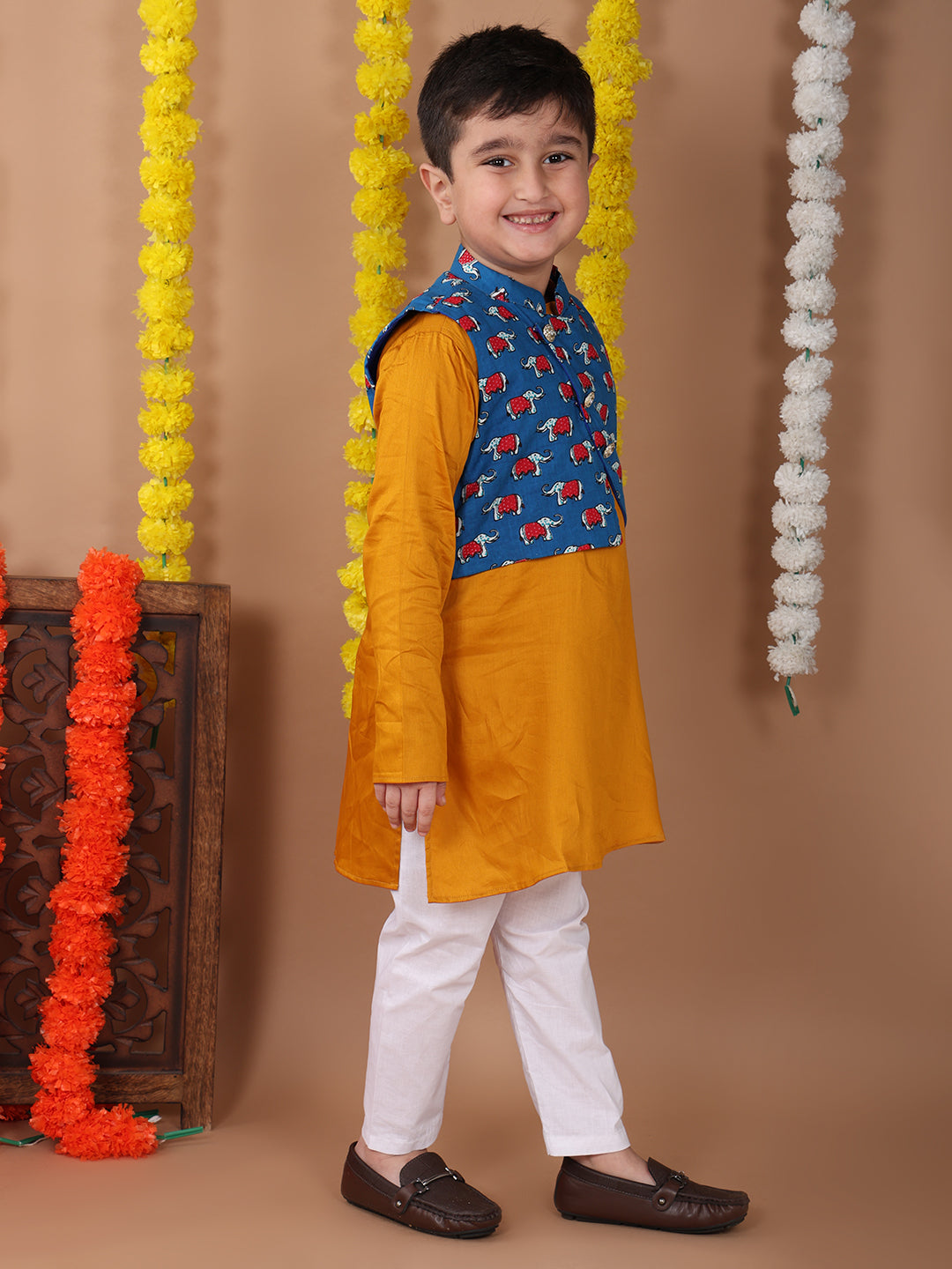 Yellow Plain Kurta with Blue printed elephant jacket and pajama